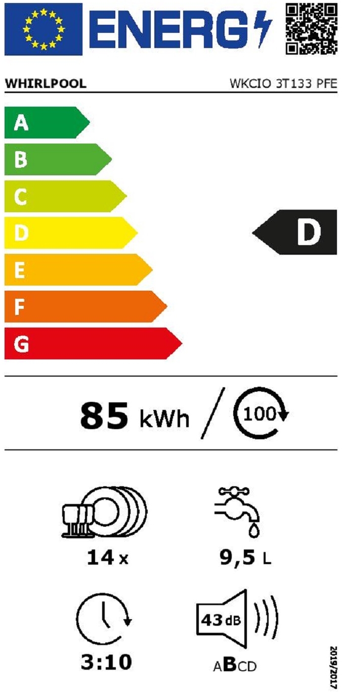 Étiquette énergétique LAVE-VAISSELLE ENCASTRABLE 60CM WHIRLPOOL WKCIO3T133PFE FULL