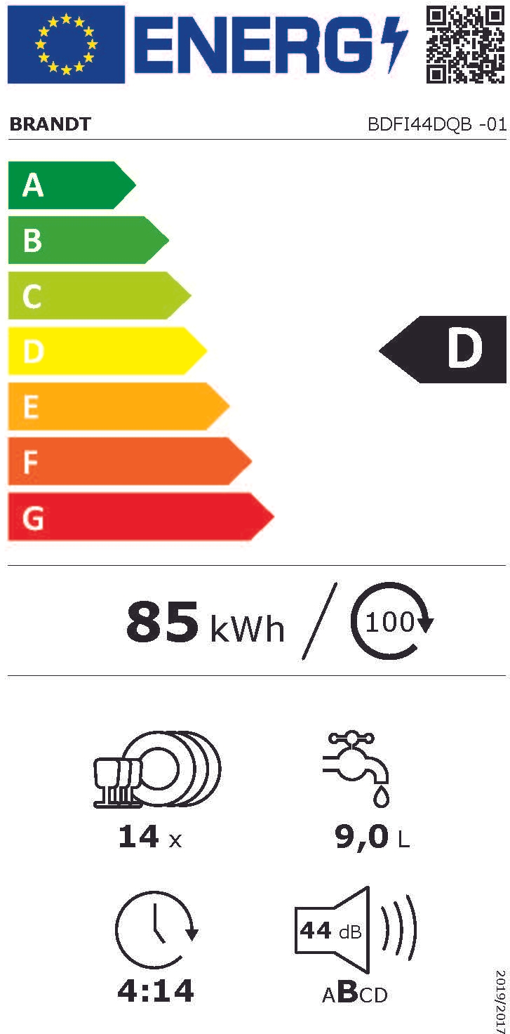Étiquette énergétique LAVE-VAISSELLE ENCASTRABLE 60CM BRANDT BDFI44DQB FULL FULL