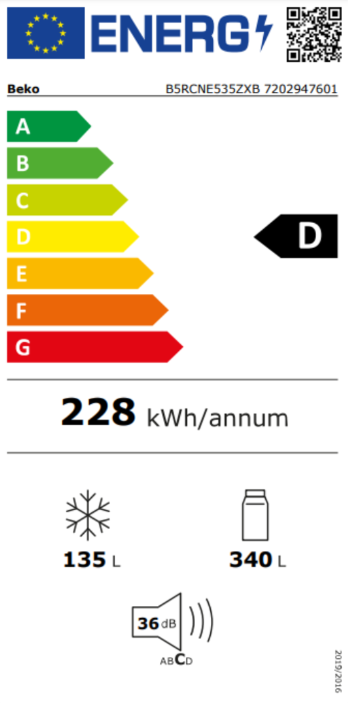 Étiquette énergétique REFRIGERATEUR COMBINE BEKO B5RCNE535ZXB