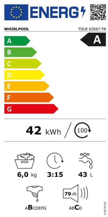 Étiquette énergétique LAVE LINGE TOP GROUPE WHIRLPOOL TDLR62667FR/N