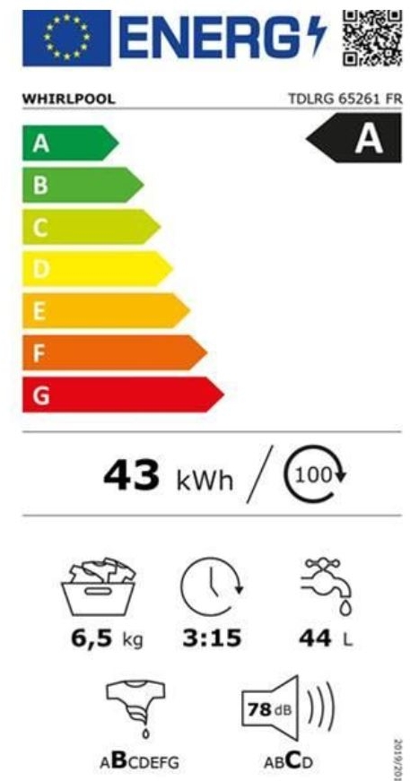 Étiquette énergétique LAVE LINGE TOP GROUPE WHIRLPOOL TDLRG65261FR/N