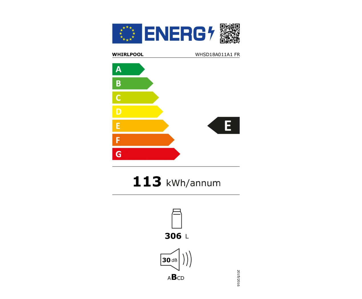 Étiquette énergétique REFRIGERATEUR INTEGRABLE 1 P GROUPE WHIRLPOOL WHSD18A011A1FR