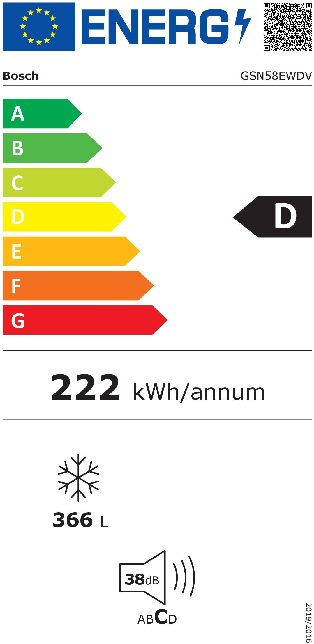 Étiquette énergétique CONGELATEUR ARMOIRE BOSCH GSN58EWDV Blanc