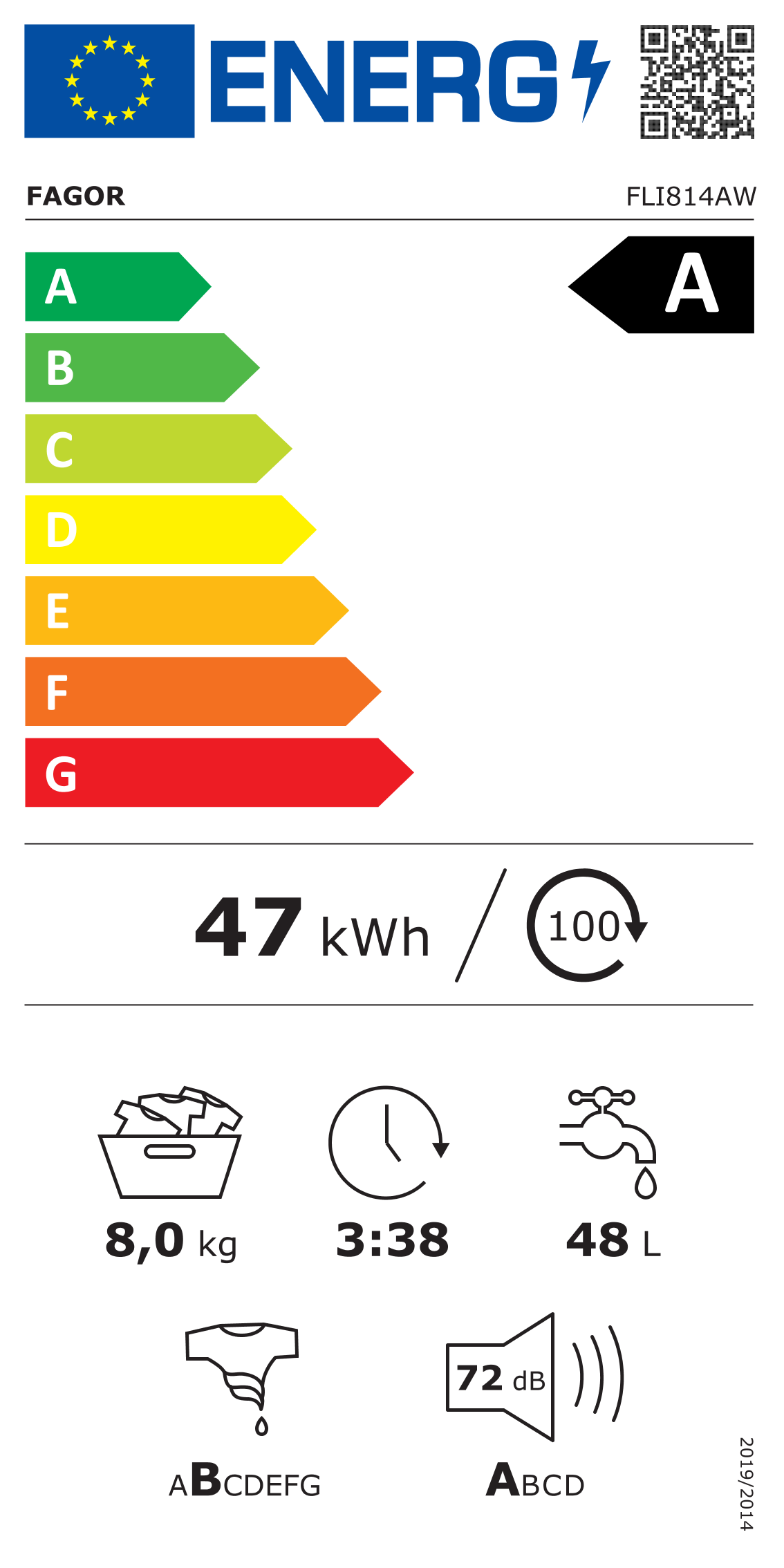 Étiquette énergétique LAVE LINGE FRONTAL ENCASTRABLE FAGOR FLI814IAW Blanc