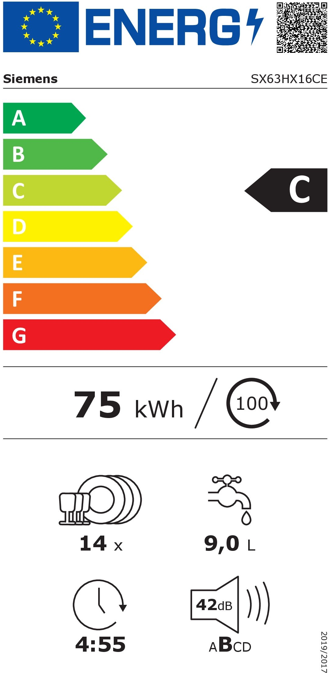 Étiquette énergétique LAVE VAISSELLE 60 CM ENCASTRABLE SIEMENS SX63HX16CE