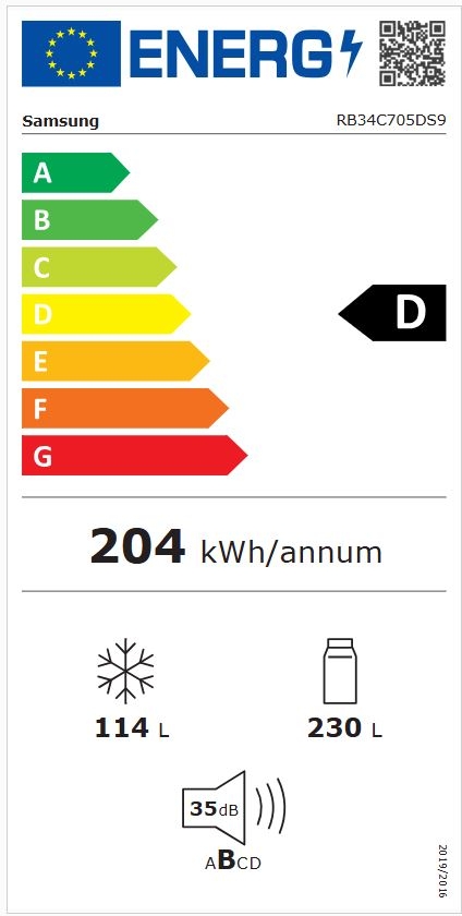 Étiquette énergétique REFRIGERATEUR COMBINE SAMSUNG RB34C705DS9 Gris